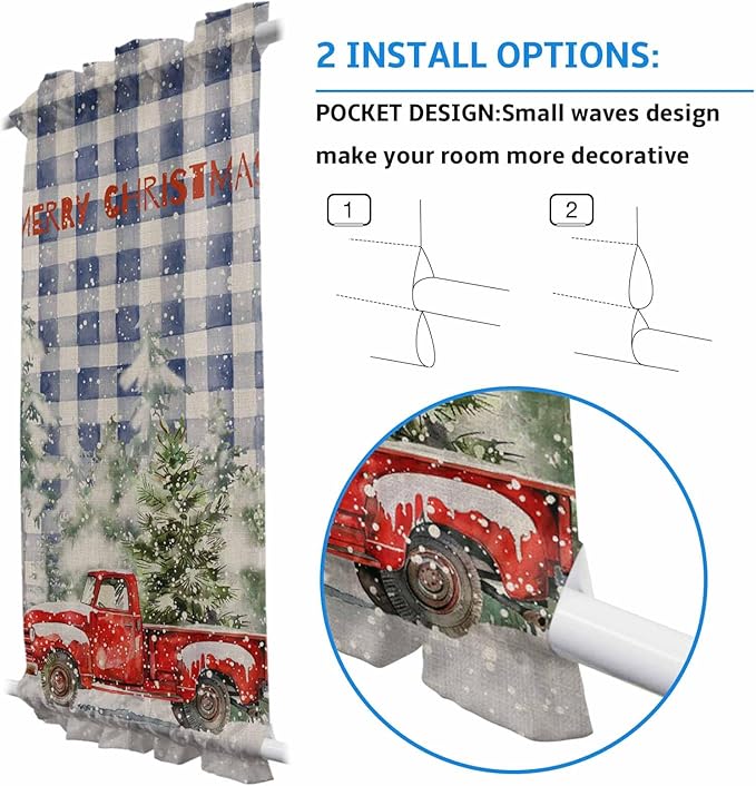 Christmas French Door Curtain Panel for Front Door, Red Truck Snow Merry Christmas Retro Blue Plaid Slidelight Door Curtains with Tieback Light Filtering Privacy Panels for Doorway Entryway 25"x 40"