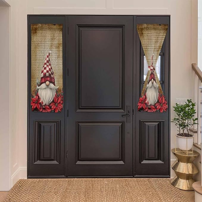 Christmas French Door Curtain Panel for Front Door, Vintage Letter Paper Xmas Dwarf Poinsettia Slidelight Door Curtains with Tieback Light Filtering Privacy Panels for Doorway Entryway 25"x 40"