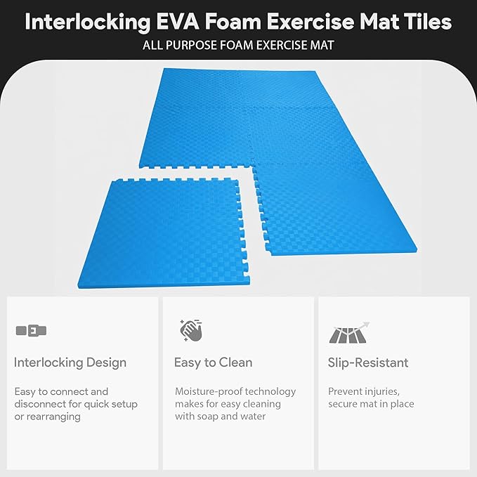 BalanceFrom Puzzle Exercise Mat 1/2' Thick, EVA Interlocking Foam Floor Tiles for Home Gym, Mat for Home Workout Equipment, Floor Padding for Kids, Blue, 24 in x 24 in x 1/2 in, 48 Sq Ft - 12 Tiles
