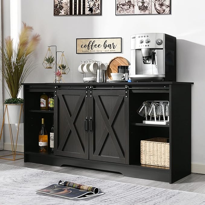 4 EVER WINNER Farmhouse Coffee Bar Cabinet, 59" Large Kitchen Storage Cabinet with Sliding Barn Doors, Buffet Cabinet with Storage Cupboard for Kitchen, Dining Room, Espresso