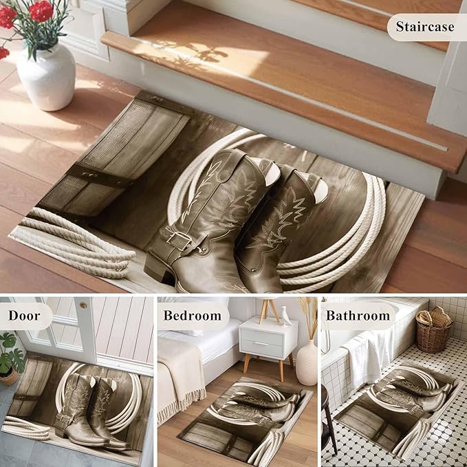 Western Cowboy Entryway Rug 2'x3', Vintage Countryside Cowboy Boots Ropes Small Area Rug Non-Slip Front Door Mat Washable Floor Carpet for Indoor Entrance Kitchen Bathroom