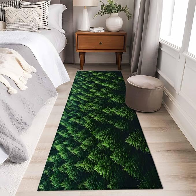 Green Forest Runner Rug 2'x6', Pine Trees Forest Landscape Style Summer Hallway Runner Rugs Washable Non-Slip Bedside Floor Mats Carpet for Kitchen Bedroom Laundry Room Bathroom