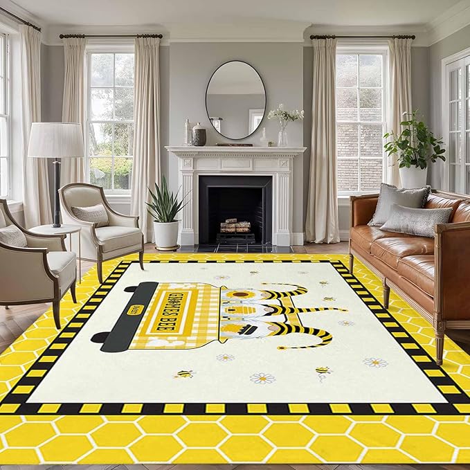 Honey Gnomes 6'x9' Large Area Rugs, Bees Hive Sunflower Truck Washable Area Rugs Non-Slip Indoor Floor Mats Large Carpet for Living Room Bedroom Dining Room