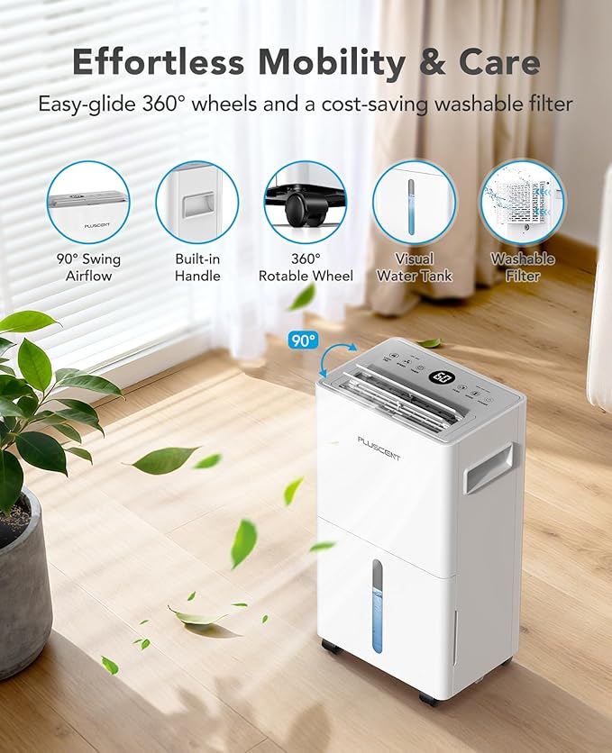 PLUSCENT 1500 Sq.ft Dehumidifier for Basement with Drain Hose, 21 Pint/Day Dehumidifiers for Home, Bathroom, Bedroom, Large Room, Smart Humidity Control, 3 Modes, Auto Defrost, Auto Restart, 24H Timer