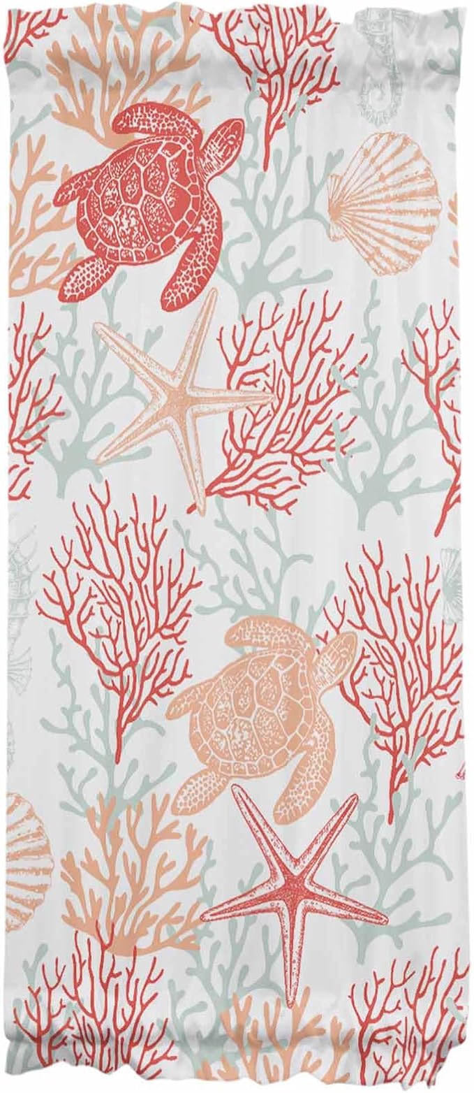 French Door Curtain Panel for Front Door, Coral Red Marine Life Sea Turtle Conch Slidelight Door Curtains with Tieback Light Filtering Privacy Panels for Doorway Entryway 25"x 40"
