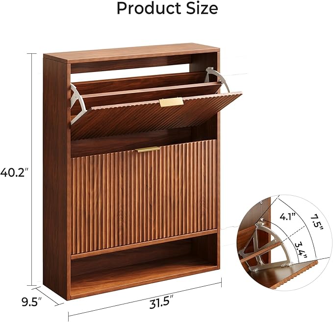 Hootata 31.5''W Walnut Shoe Storage Cabinet for Entryway with 2 Flip Drawers, Narrow Wood Fluted Shoe Rack Cabinet,Freestanding Slim Shoe Organizer Cabinet for Foyer, Hallway