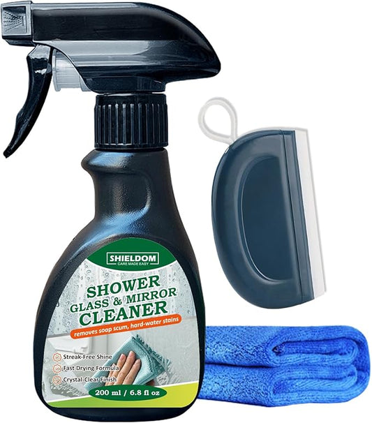SHIELDOM Shower Glass Cleaner, Glass Window & Mirror Cleaning Hard Water Stains Remover Removes Soap Scum/Water Spot/Fingerprint/Dirt with Squeegee & Towel for a Streak-Free Shine 6.8fl oz/200ml