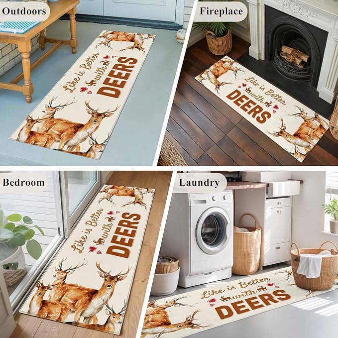 Beige Deer Runner Rug 2'x6', Wildlife Animals Rustic Farmhouse Elk Rustic Farmhouse Hallway Runner Rugs Washable Non-Slip Bedside Floor Mats Carpet for Kitchen Bedroom Laundry Room Bathroom
