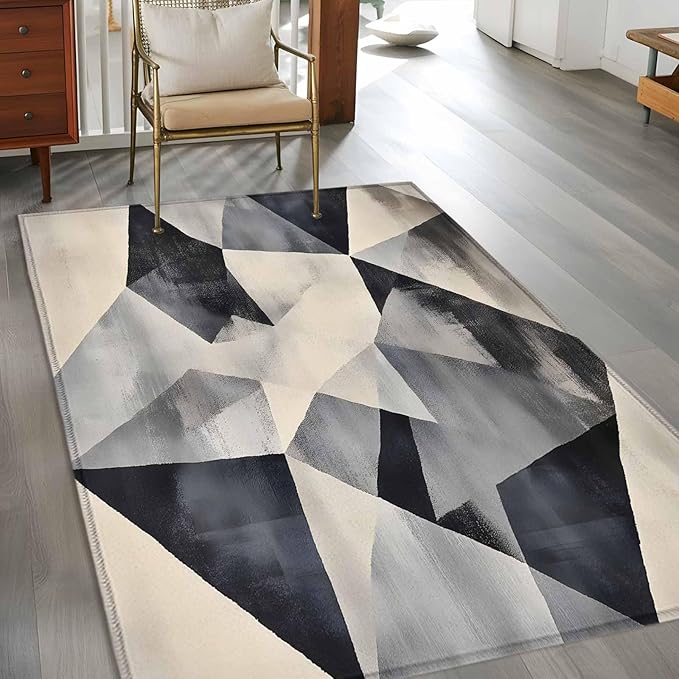 Color Block Area Rugs 2.7'x5', Modernism Blue Beige Line Abstract Art Washable Area Rugs Non-Slip Indoor Floor Mats Carpet for Living Room Bedroom Dining Room