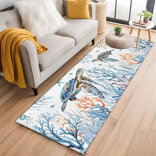 Sea Turtle Runner Rug 2'x6', Seagrass Coral Starfish Hallway Runner Rugs Washable Non-Slip Bedside Floor Mats Carpet for Kitchen Bedroom Laundry Room Bathroom