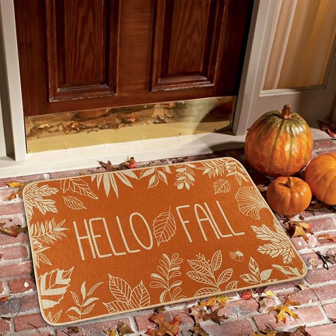 Hello Fall Door Welcome Mat, Autumn Thanksgiving Orange Outdoor Rug Leaves Decor Floor Non-Slip Entrance Mat for Home Kitchen Bathroom 17 X 29 Inch