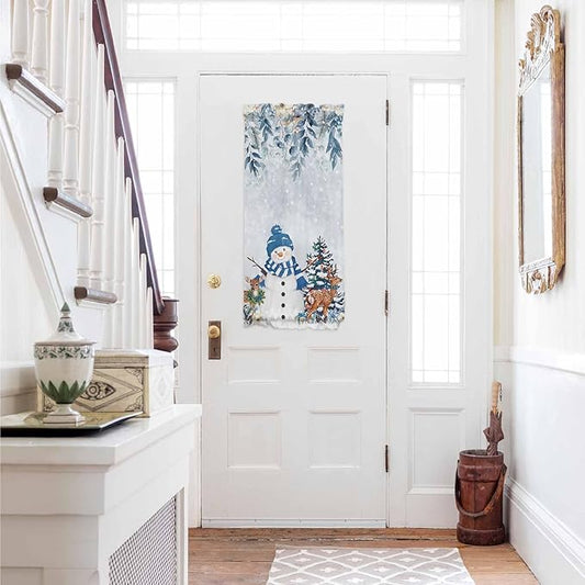 Christmas French Door Curtain for Front Door, Poinsettia Botanical Leaves Xmas Tree Deer Snowman Light Blue Slidelight Door Curtains with Tieback Light Filtering Privacy Panel for Entryway 25"x 40"