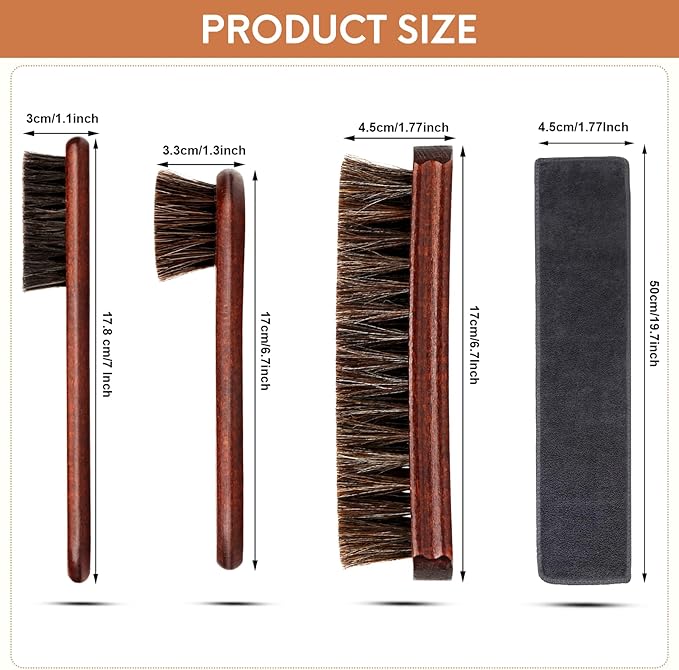 4pcs 100% Horse Hair Shoe Brush Kit Shoe Shine Kit Beech Wood Leather Care Set Suede Boot Cleaner Polish Applicator Dauber Buffing Cloth Soft Natural Bristles Men Gift Box for Boots Shoes Sneakers Car