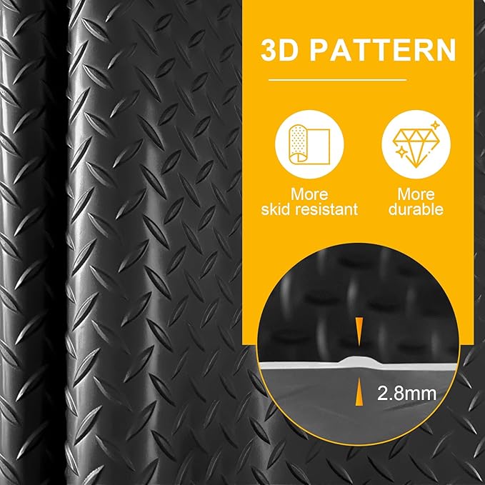 Garage Floor Mat, 2.8mm Thickened Flooring Roll for Under Car with 20Pcs Tapes, Diamond Plate, Non-Slip Floor Protector Mat for Trailer, Garage, Warehouse, Gyms, Trailer (BlackV, 7.5x25 FT)