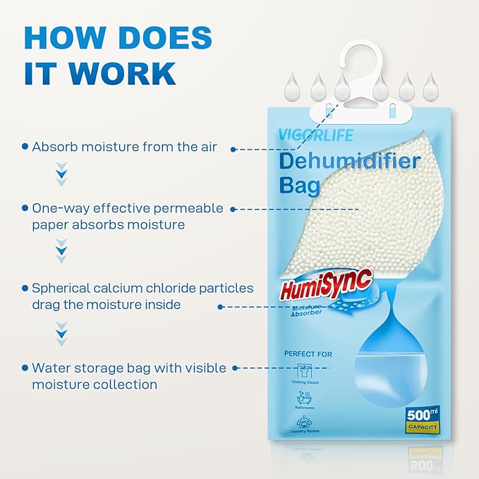 Moisture Absorbers, Hanging Closet Dehumidifier Bags 9.8 OZ, Portable Dehumidifiers for Wardrobes, Bathrooms & Bedrooms, Humidity Packs Attract Excess Moisture, Desiccant 10 Pack (Blue)
