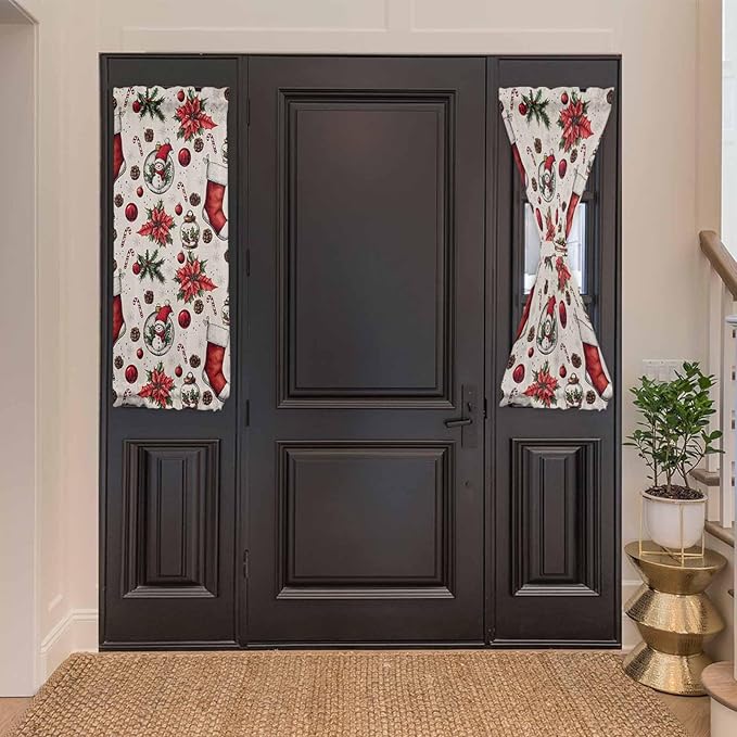 Christmas French Door Curtain Panel for Front Door, Pine Branch Cones Red Xmas Sock Ornaments Snowman Slidelight Door Curtains with Tieback Light Filtering Privacy Panels for Entryway 25"x 40"
