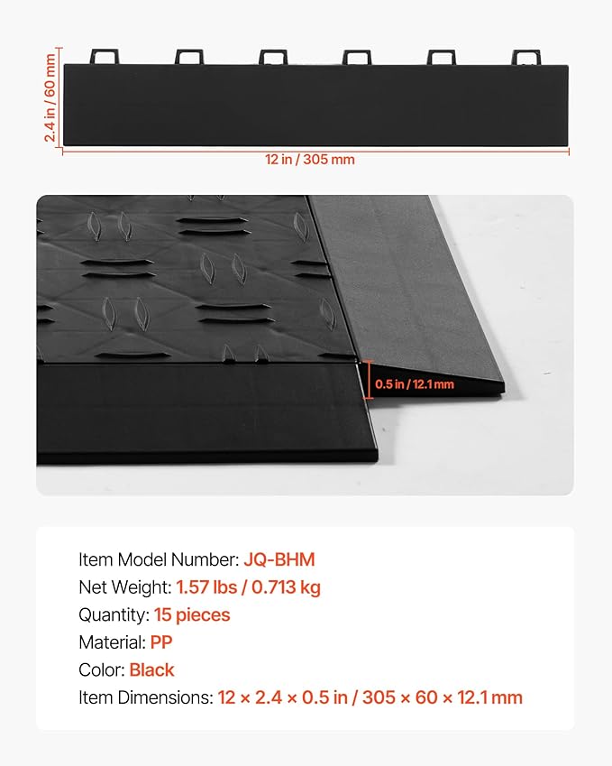 VEVOR Female Garage Floors Transition Edge Kit, 15 PCS Sturdy PP Interlocking Modular Garage Floor Edging Slip-Resistant, Easy Assembly Compatible Only with VEVOR Upgraded 6-Lock Garage Mats, Black