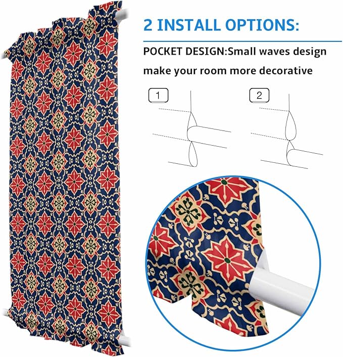 French Door Curtain Panel for Front Door, Flower Pattern Vintage Red Blue Slidelight Door Curtains with Tieback Light Filtering Privacy Panels for Doorway Entryway 25"x 40"
