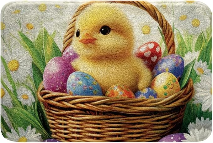 Easter Chick Eggs Kawaii Farm Animals Botanical Daisy Floral Door Mat Bath Rug Non-Slip Dust Inside/Outside Floor Carpet for Kitchen Front Hall Lawn 18x30 inch