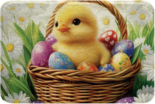 Easter Chick Eggs Kawaii Farm Animals Botanical Daisy Floral Door Mat Bath Rug Non-Slip Dust Inside/Outside Floor Carpet for Kitchen Front Hall Lawn 18x30 inch