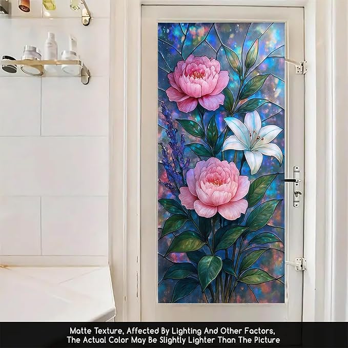 Peony Lily Window Film Dreamy Stained Glass Style Privacy Panel Static Cling No Glue Decorative Cover for Bedroom Door Studio Vanity 17.7x39.3 inch