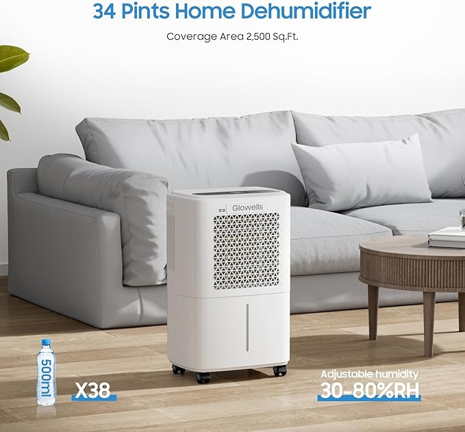 Glowells 2500 Sq.Ft 34 Pints Dehumidifiers for Basement with Drain Hose, Home Dehumidifier with Smart Humidity Control,0.52 Gal Tank, Quiet Dehumidifier, 3 Modes for RV, Bathroom, Bedroom Whole House