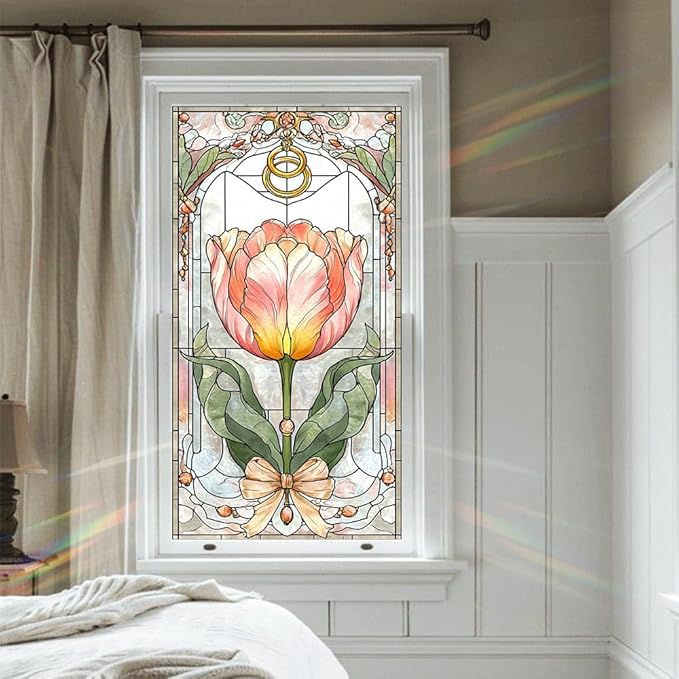 Window Film 17.3 x 39.4 Inch Tulip Stained Glass Inspired Design PVC Decorative Privacy Window Covering for Home Entryway Living Space Artistic Glass Surface Style