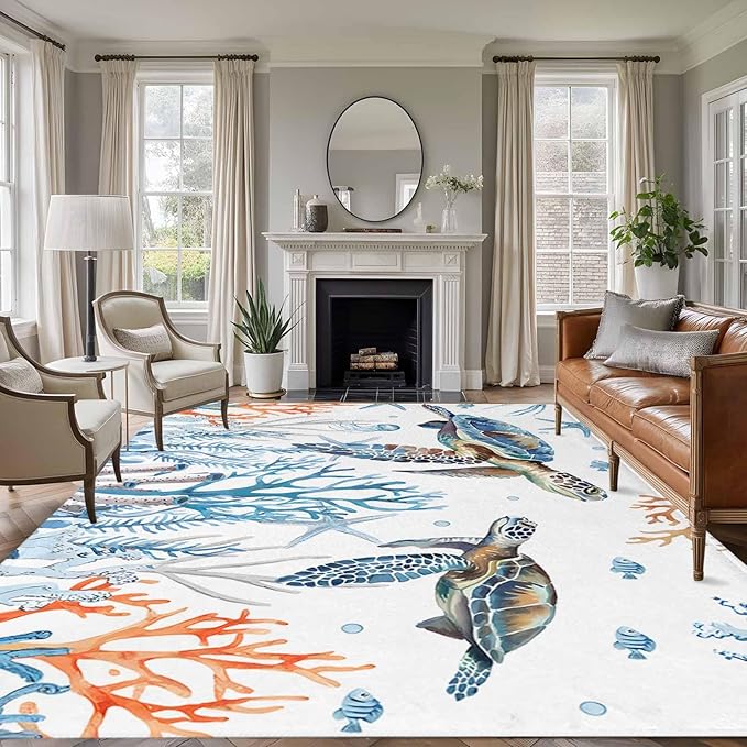 Sea Turtle 8'x10' Large Area Rugs, Seagrass Coral Starfish Washable Area Rugs Non-Slip Indoor Floor Mats Large Carpet for Living Room Bedroom Dining Room
