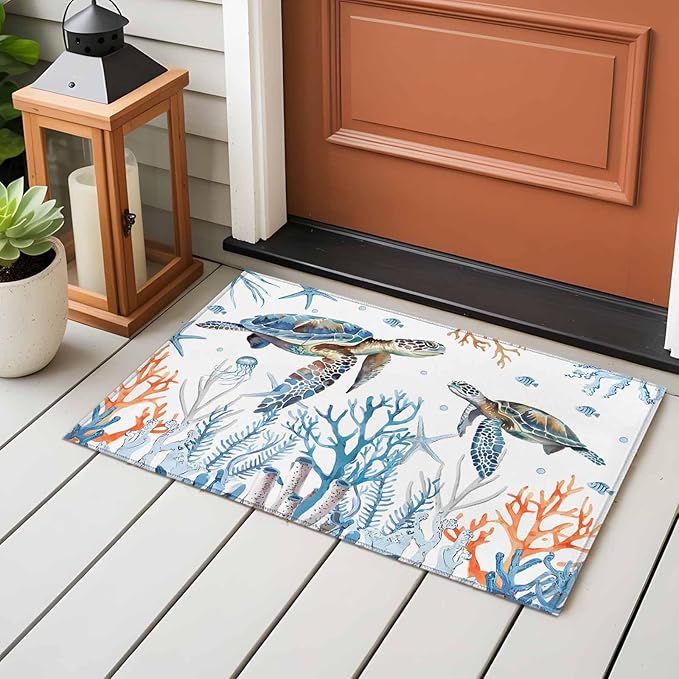 Sea Turtle Entryway Rug 2'x3', Seagrass Coral Starfish Small Area Rug Non-Slip Front Door Mat Washable Floor Carpet for Indoor Entrance Kitchen Bathroom
