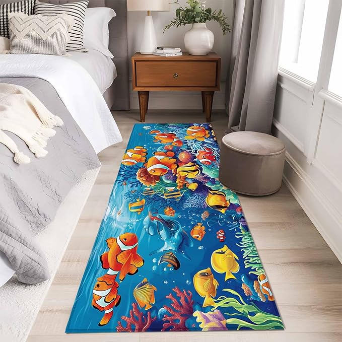 Ocean Marine Runner Rug 2'x6', Life Fish Coral Seagrass Underwater Coastal Hallway Runner Rugs Washable Non-Slip Bedside Floor Mats Carpet for Kitchen Bedroom Laundry Room Bathroom