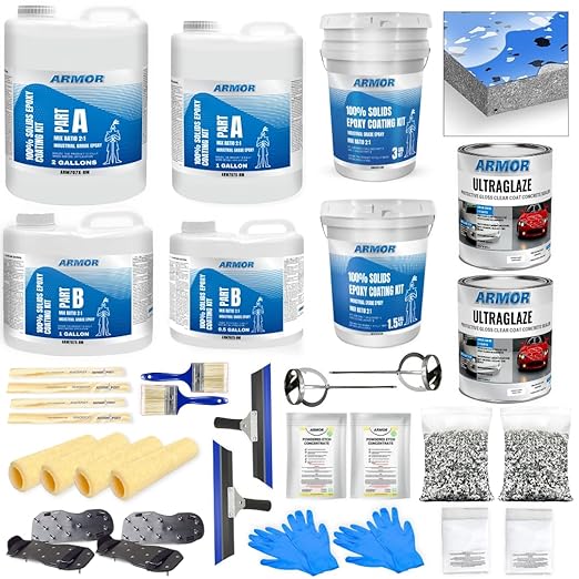 ArmorPoxy Garage Epoxy Floor Kit – 100% Solids - 2 Part Industrial-Grade Coating w/UltraGlaze Topcoat | DIY Slip & Hot Tire Resistant | 900 Sq Ft - Racing Blue - 32 pc kit