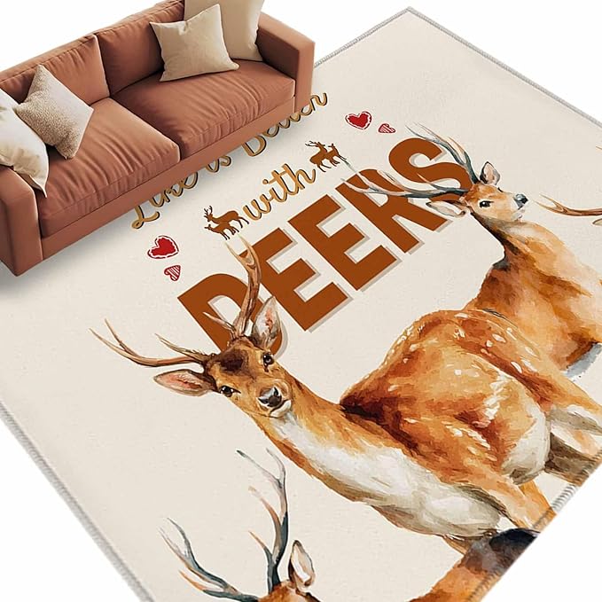 Beige Deer 5'x7' Area Rugs, Wildlife Animals Rustic Farmhouse Elk Rustic Farmhouse Washable Area Rugs Non-Slip Indoor Floor Mats Carpet for Living Room Bedroom Dining Room