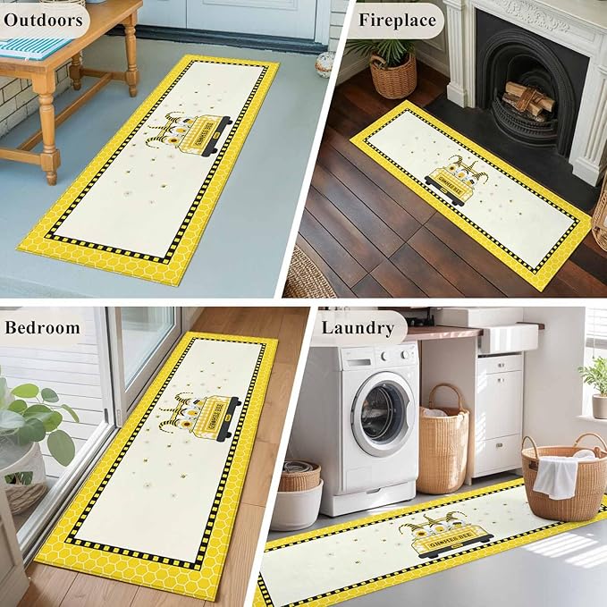 Honey Gnomes Runner Rug 2'x6', Bees Hive Sunflower Truck Hallway Runner Rugs Washable Non-Slip Bedside Floor Mats Carpet for Kitchen Bedroom Laundry Room Bathroom