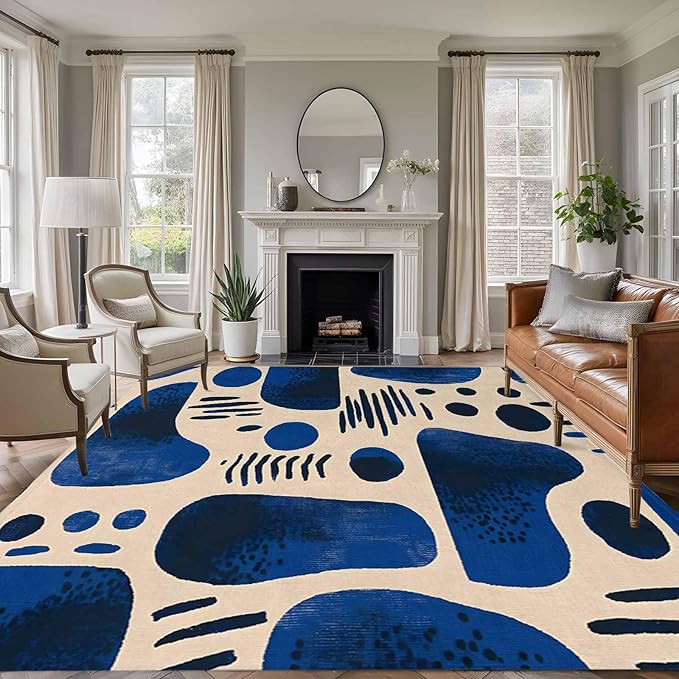 Modernism 9'x12' Large Area Rugs, Blue Black Geometric Abstract Style Washable Area Rugs Non-Slip Indoor Floor Mats Large Carpet for Living Room Bedroom Dining Room