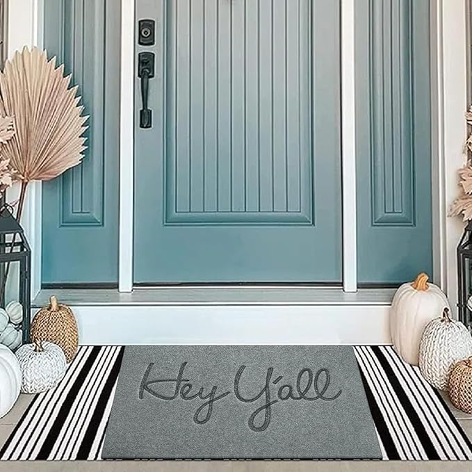 Mats Outdoor Front Door Mat Indoor Entrance with Non Slip Rubber Back Funny Durable Heavy Duty Backing Hey Y'all Doormats Entryway, Light Gray 36" x 24"