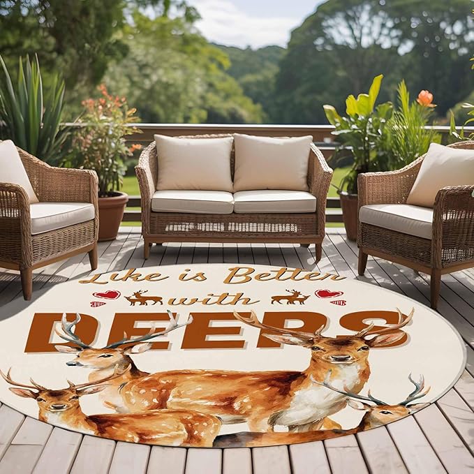 Beige Deer Large Round Rug 8Ft, Wildlife Animals Rustic Farmhouse Elk Rustic Farmhouse Circle Area Rugs Washable Non Slip Indoor Floor Mats Carpet for Living Room Bedroom Dining Room Home Decor