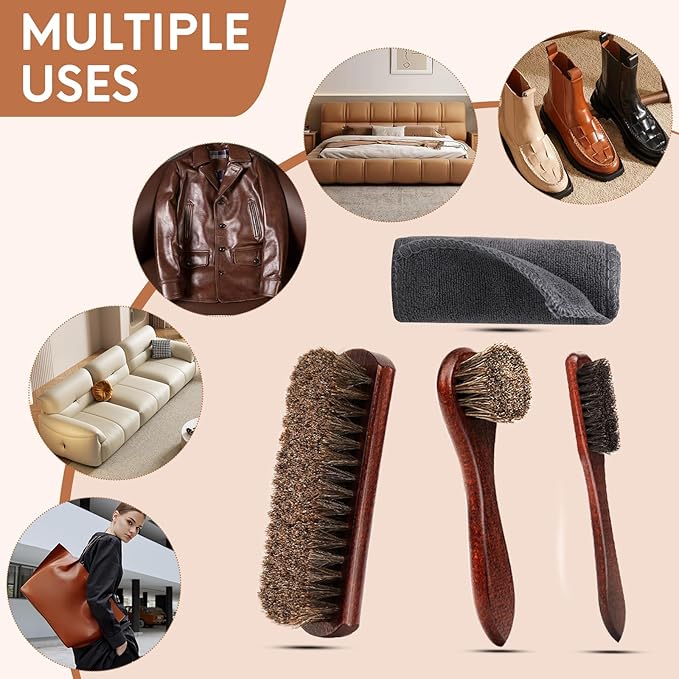 4pcs 100% Horse Hair Shoe Brush Kit Shoe Shine Kit Beech Wood Leather Care Set Suede Boot Cleaner Polish Applicator Dauber Buffing Cloth Soft Natural Bristles Men Gift Box for Boots Shoes Sneakers Car