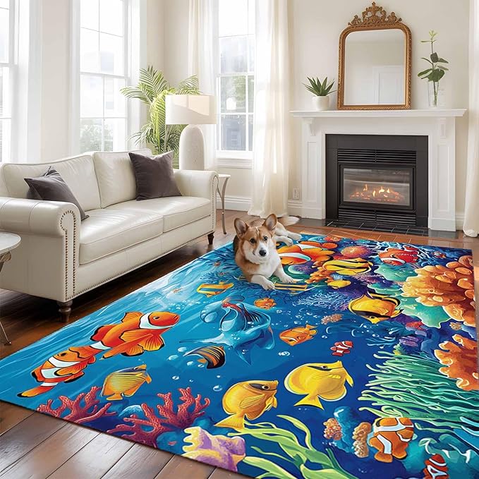 Ocean Marine 5'x8' Large Area Rugs, Life Fish Coral Seagrass Underwater Coastal Washable Area Rugs Non-Slip Indoor Floor Mats Large Carpet for Living Room Bedroom Dining Room