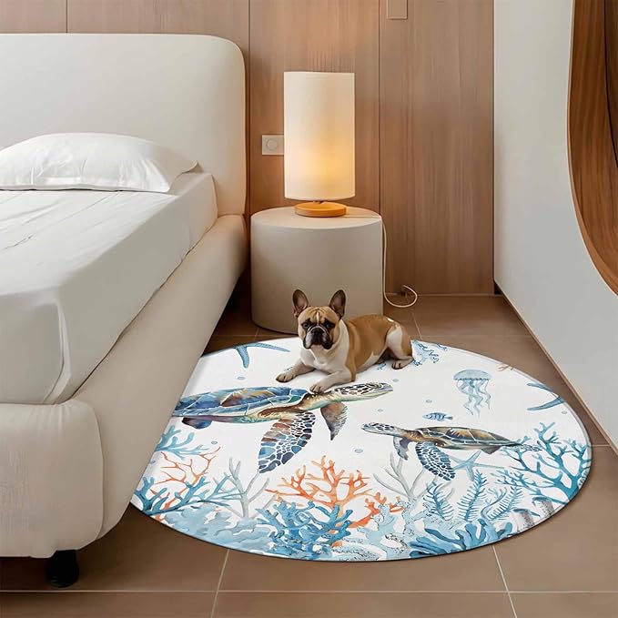Sea Turtle Large Round Rug 7Ft, Seagrass Coral Starfish Circle Area Rugs Washable Non Slip Indoor Floor Mats Carpet for Living Room Bedroom Dining Room Home Decor