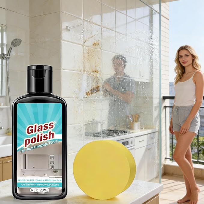 Glass Cleaner, 120ml Polishing Stain Remover with Sponge, Deep Cleaning Stain Remover, Bathroom Polisher, Remove-r Paste, Window Mirror Cleaning Solution for Limescale Tile Mirror Faucet Ceramic