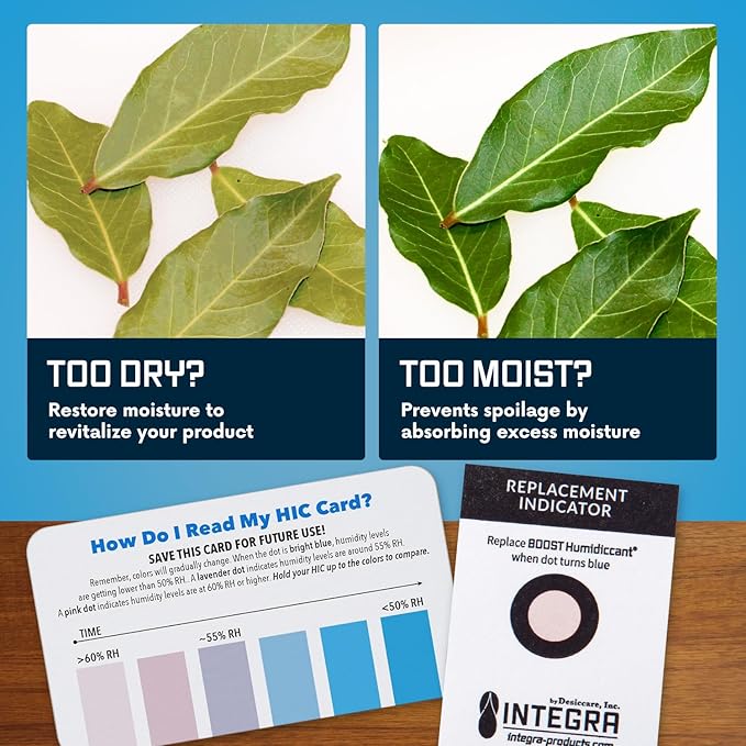 Integra Boost - 62% RH Level - 4 Gram Size - Two-Way Humidity Control Pack - Incl. Replacement Indicator Cards - Food Storage & Herbs Moisture Balancer For Up to 1/2 oz (Pack of 200)