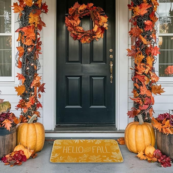 Hello Fall Door Welcome Mat,Autumn Thanksgiving Orange Outdoor Rug Leaves Decor Floor Non-Slip Entrance Mat for Home Kitchen Bathroom 17x29 Inch(Orange1)