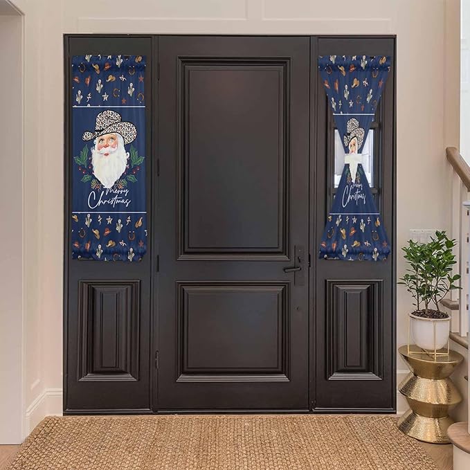 Christmas French Door Curtain Panel for Front Door, Navy Blue Leopard Cow Cowboy Hat Slidelight Door Curtains with Tieback Light Filtering Privacy Panels for Doorway Entryway 25"x 40"