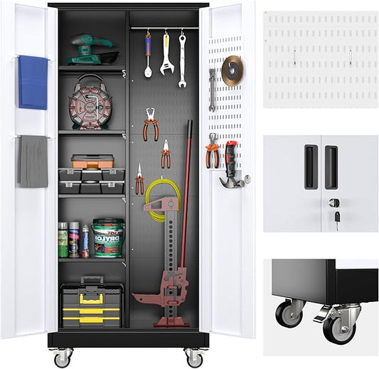 Reemoon 71'H Broom Closet Storage Cabinet with Doors and Pegboard,Metal Garage Storage Cabinet on Wheels and Adjustable Shelves for Garage Home,Required Assembly,Black and White