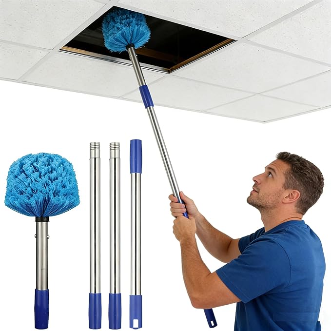 Cobweb Duster with Extension Pole, 10 FT Stainless Steel Pole with Spider Web Brush Head Ceiling Fan Duster for Outdoor Indoor Cleaning, Reach UP to 16-18 FT
