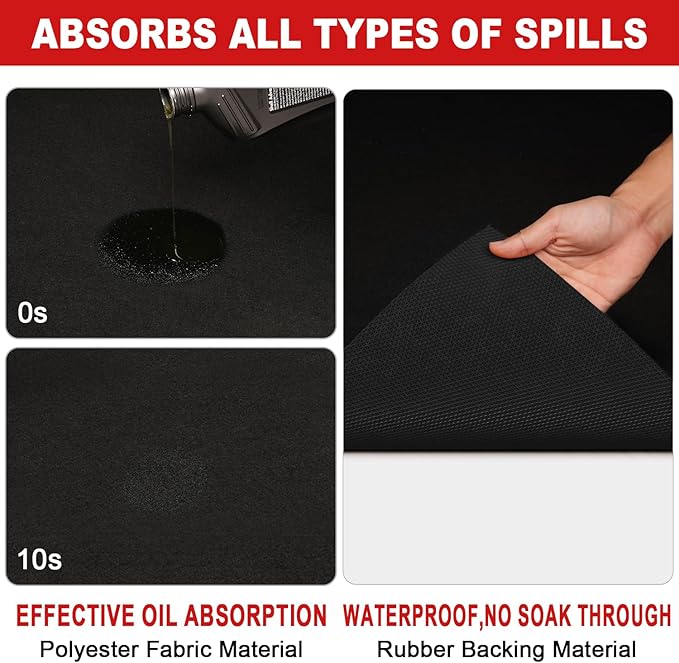 Golener Oil Spill Mat - Garage Floor Mat, Absorbent Oil Pad, Premium Rubber Mat, Waterproof, Contain Liquid, Protect Garage Surface from Spill & Stain, Reusable, Washable, Durable, Black, 72” x 96”
