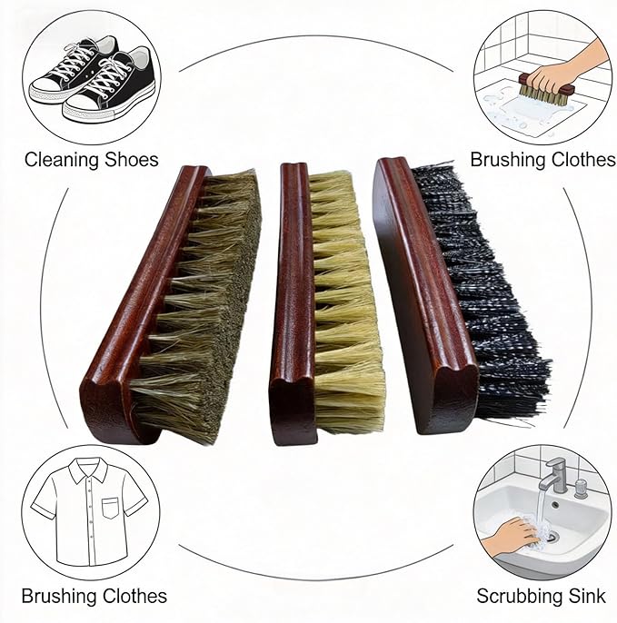 Shoe Cleaning Brush Set of 3 Brushes with Horsehair, Boar and Nylon Bristles, 6" Concaved Handle for Premium Grip, Wooden Sneaker Brush for Leather, Boot, Textile, Bags and Accessories