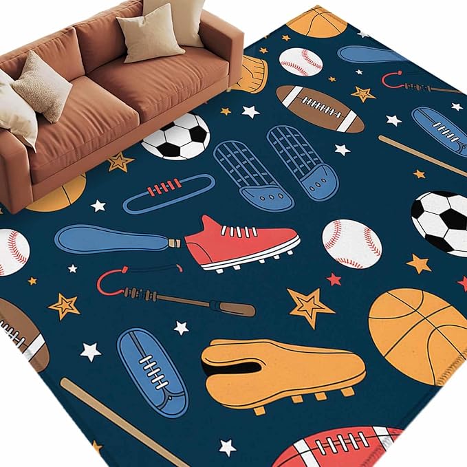 Cartoon Sports 9'x12' Large Area Rugs, Baseball Soccer Basketball Rugby Sneakers Washable Area Rugs Non-Slip Indoor Floor Mats Large Carpet for Living Room Bedroom Dining Room