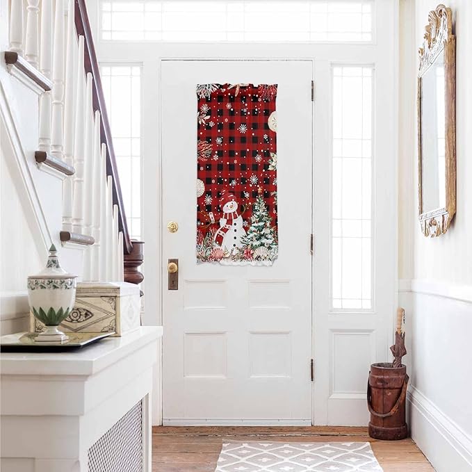 Christmas French Door Curtain Panel for Front Door, Red Striped Plaid Marine Life Xmas Tree Snowman Slidelight Door Curtains with Tieback Light Filtering Privacy Panels for Doorway Entryway 25"x 40"
