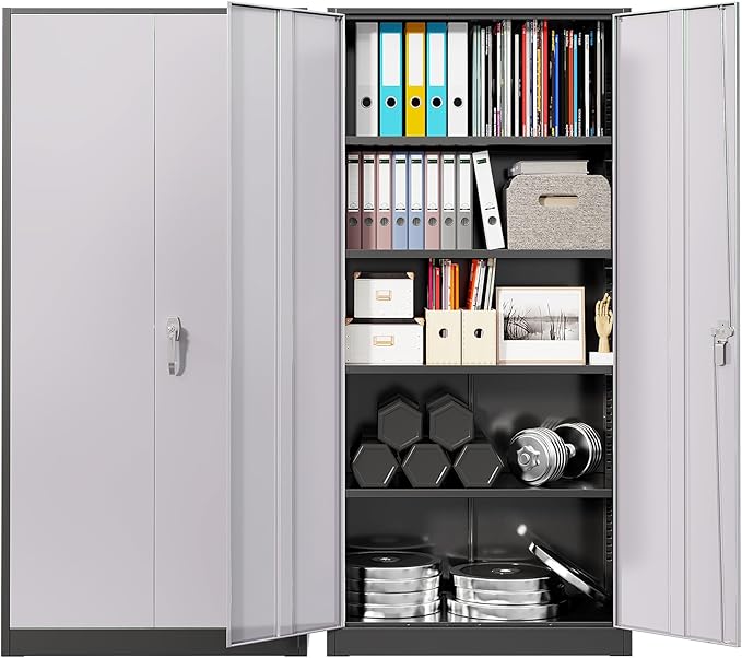 Bonusall 72" Metal Garage Storage Cabinet， Heavy-Duty Steel Cabinet with 2 Locking Doors & 4 Adjustable Shelves for Home, Office